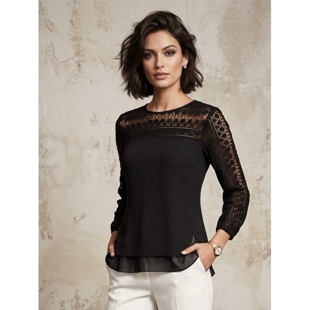 Lucky Brand Black Crochet Lace Knit Top Sheer Hem Mixed Media XS